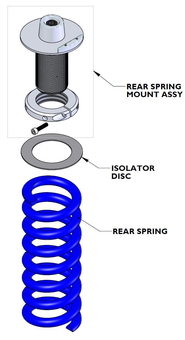 21. Install the rear springs as shown. Please note: Adjust the spring perch to its highest setting (for lowest ride height).