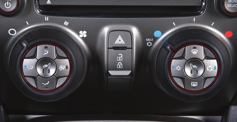 CLIMATE CONTROLS Off/ Fan control Air delivery modes: Vent Bi-level Floor Defog Temperature control Defrost mode Recirculation mode Driver s heated seat control Air conditioning control Rear window