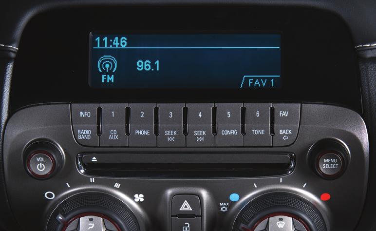 AUDIO SYSTEM POWER/ VOLUME INFO: Display available song information FAV: Display pages of favorite radio stations MENU/SELECT: Tune radio stations and open/select menus RADIO BAND (FM, AM, XM)