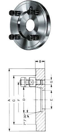 Adapter plates Adapter plates Short-taper adapter plate ISO 702-3 (DIN 55027) and 55022 with studs and locknuts Item no. Ø A mm Taper Inch B mm C mm D mm E mm F mm G Weight approx.