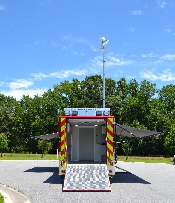 Left: Awning (one each on street and curb sides) are shown extended. Decon cart loading ramp is shown deployed. Right: View looking into the 15-ft deep logistics/atv storage room.