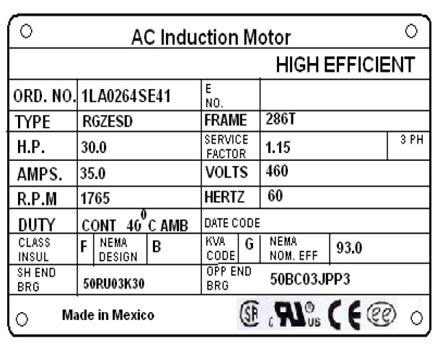 Understanding the Nameplate 3-phase, 60Hz, AC induction motor Rated power: 30.0 hp (=22.4kW) Service factor: 1.15 (i.e. 115% of rated power for short-term use) Rated full-load current: 35.