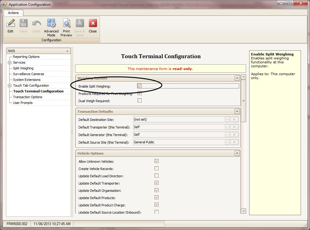 Configuration Various parameters affecting split weighing in the Touch Terminal are on the Application Configuration screen.
