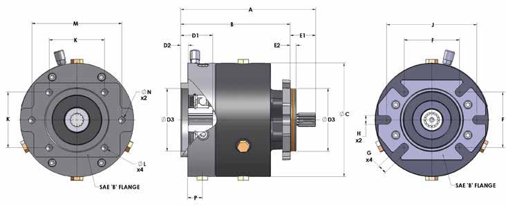 SAE PTO 300 Specifications Mounting dimensions conforming to SAE J744 DIMENSIONAL DATA* DIMENSIONS IN INCHES 8.61 6.99 7.25 2.04 0.49 4.002 1.62 0.37 3.998 3.534 0.56 0.56 5.75 3.534 1/2-13 UNC 5.