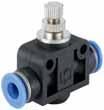 low regulator, screwable and pluggable TRG001 low regulator M 5 to G 1/2 threaded connection 4 to 12 mm push-in connector rass nickel-plated, stainless steel, aluminium, plastic PTP Restrictor valve