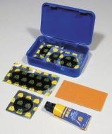 Moisture resistant plastic case. 11-040 Cold Patch Repair Kit. Includes 6 square inches of rubber, 3 (1 x1 ) patches,.30 fl. oz. Universal Cement, and a thumb buffer.