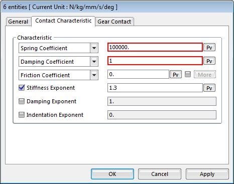 3. Select the Contact Characteristic tab. 4. Make the following settings. Spring Coefficient: 100000 Damping Coefficient: 1 5. Click OK.