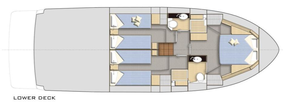 Interior Lower Deck: 2,5 Cabins / 2 Heads Guest Cabin with reduced Standing Height