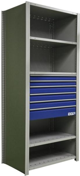 SHELVING SYSTEM Bank of drawers > Bank of drawers 24" H for shelving system Available with drawers only or within a closed AGF shelving system, available in widths of 36" or 48" and 24" deep.