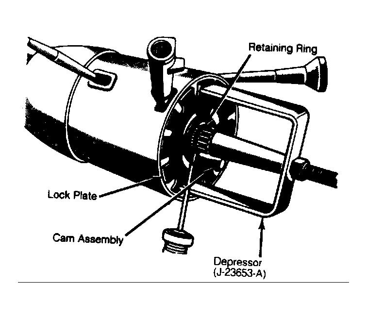 Fig. 11: Installing Lock Plate Retaining Ring 17. Install ignition lock. Turn key to "LOCK" position. Remove key. Insert cylinder into housing far enough to contact shaft.