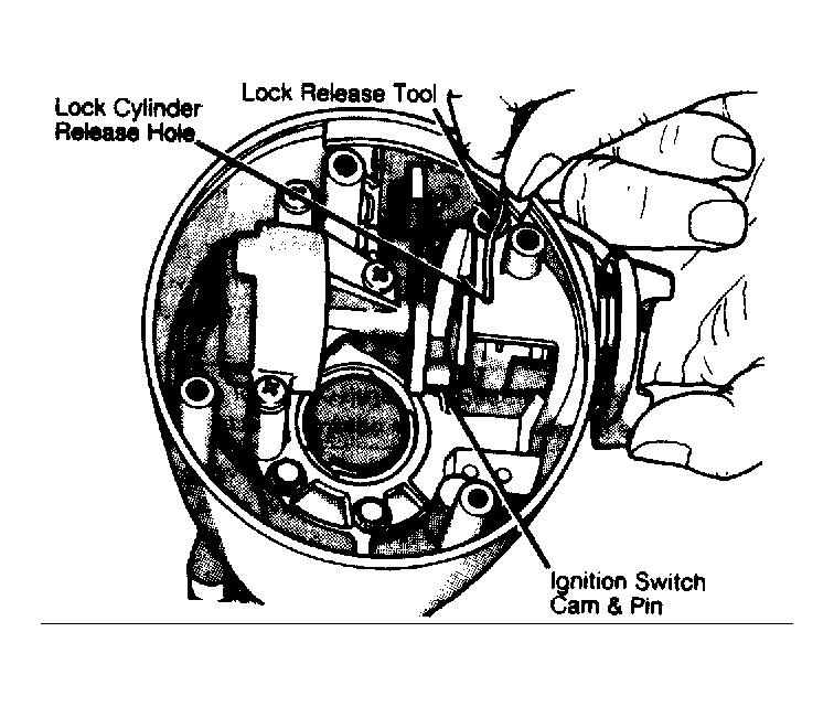 Fig. 4: Removing Lock Cylinder Reassembly 1. Coat all friction surfaces with grease. Clamp column in vise so that both ends of column are accessible. Check column tube-to-mandrel rivets for tightness.