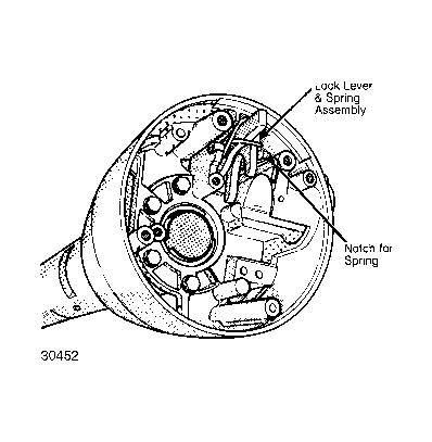 Fig. 7: Installing Lock Lever & Spring Assembly 6. Install ignition switch actuator rod from bottom through oblong hole in lock housing. Attach rod to bellcrank.