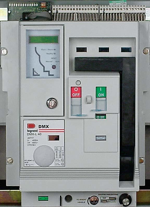 DMX air circuit breakers (continued) Front panel of draw-out DMX circuit breakers External memory unit (EMU) Electronic protection unit MP20 Protective cover with security of access to settings