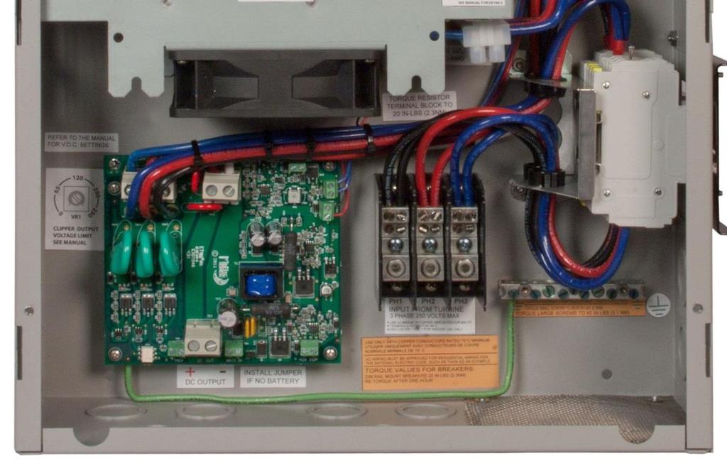 Be sure to use a heavy enough gauge wire to carry all the current from the turbine Ground Busbar Connect the positive and negative outputs from the Clipper PCB Terminal block TB3 to the charge