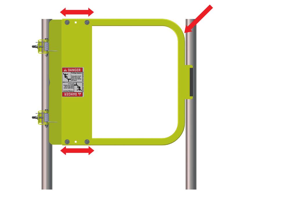 Adjust hoop/gate arm to proper opening width by selecting any combination of two of the three carriage bolt holes at connection