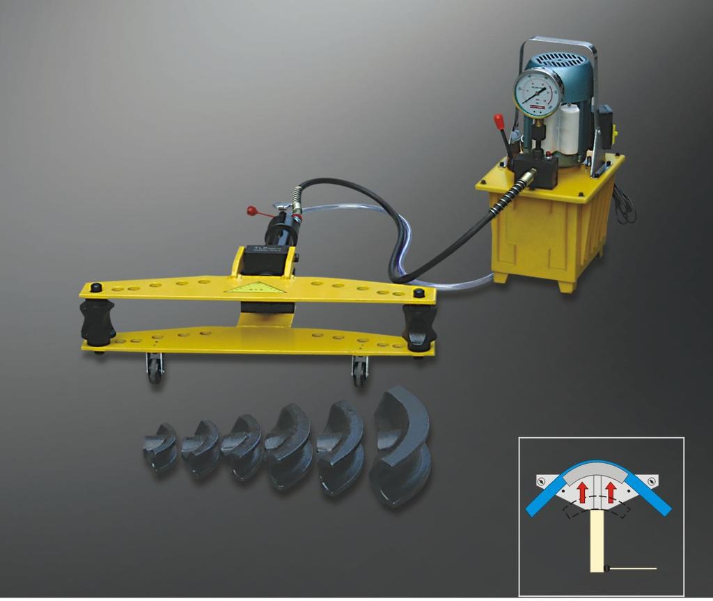 8.3 Hydraulic Pipe Benders Electric Model Tonnage Stroke Bending range Bending formers (in) Wall thickness of pipe Weight (kg) HHW-2D 9 250 21.