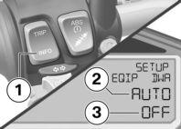 Press and hold button 1 to start SETUP EQUIPMENT. Press button 1 briefly to respectively select the SETUP EQIP DWA menu item. Display line 2 shows AUTO.