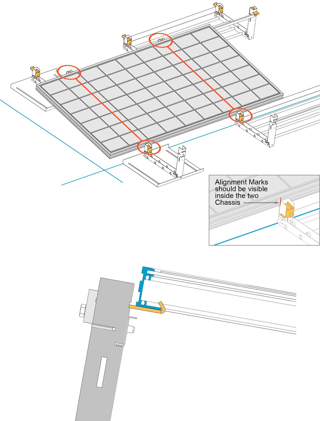 3 Install the First Module (shown working E-W) NOTE Before installing Modules, refer to site specific layout drawings to see if either of these items are required: High Wind Ballast Tubes (see