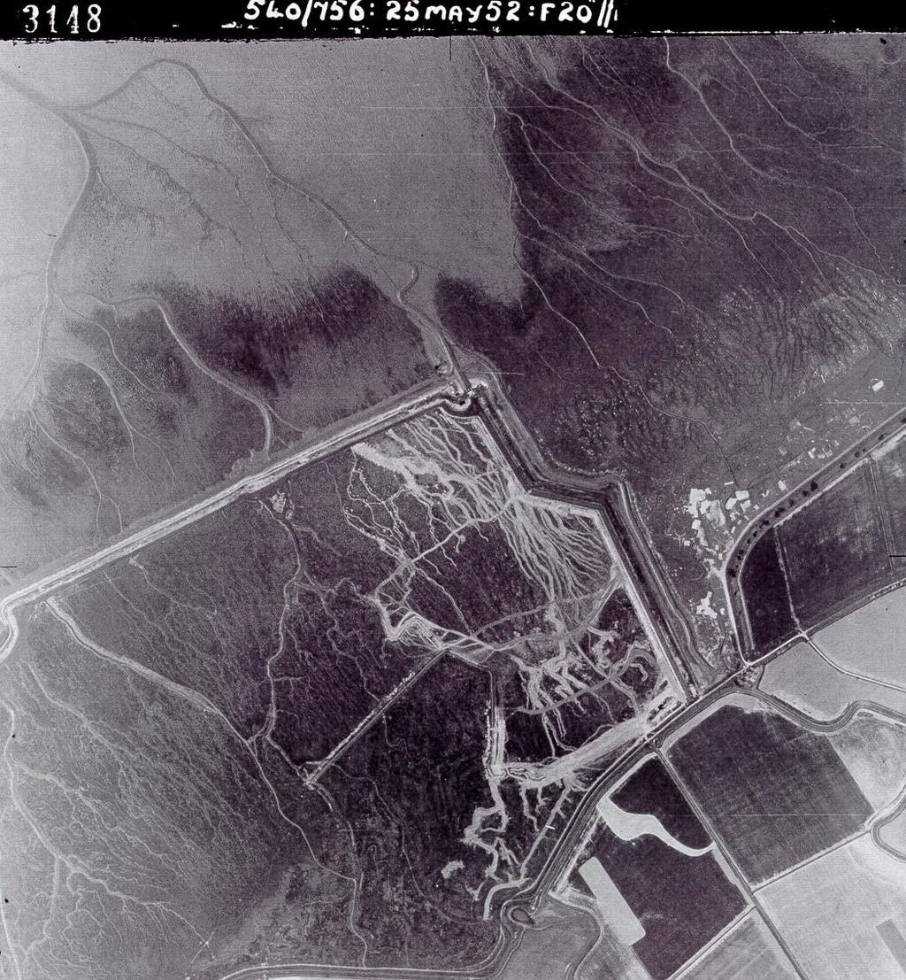 8-1952 air photograph showing, at the right centre, Lawyers' Creek and the sea bank