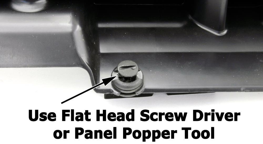2. Remove (2) plastic fasteners holding air scoop to car by turning 90 degrees with a flat head screwdriver or using panel popper tool. 3.