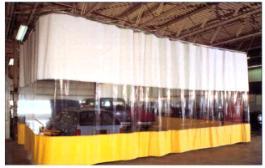 Body Shop curtains are typically manufactured using 16 gauge clear view pvc windows and often include color skirts/panels as