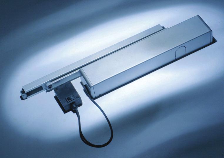Fixed power electro-magnetic hold open & free swing face fix overhead door closer and slide arm.
