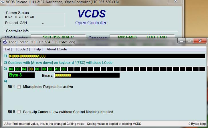 2- RNS (Navigation) 37 Go into VCDS and open the Navigation Controller Click on Coding Click on Long Coding Helper Press the TAB Key until you have Byte 3