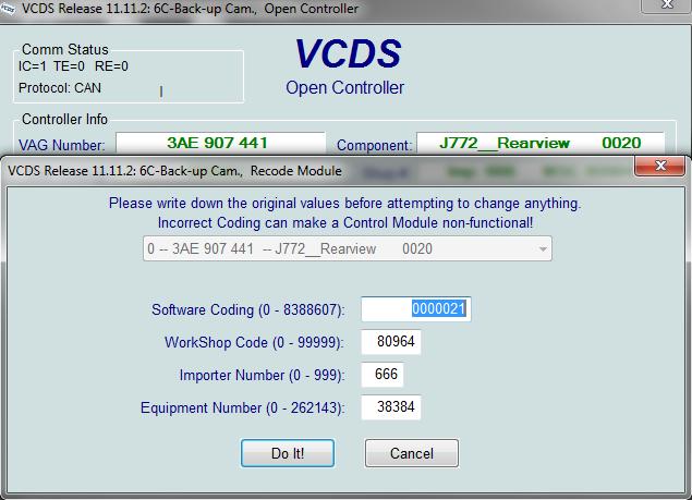 3- Camera 6C Go into VCDS and open the Back-up Camera Controller Click on Coding Enter 0000021 in the Software Coding box If you do not see anything in the WorkShop Code box, enter any 5 digit code