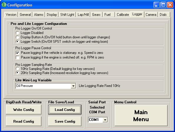 5.3.10 Logger Tab Logger Configuration This box is used for controlling how the Logger is switched On or Off to record data.