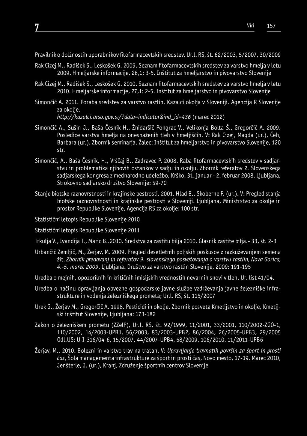 Pravilnik o dolžnostih uporabnikov fitofarmacevtskih sredstev, Ur.l. RS, št. 62/2003, 5/2007, 30/2009 Rak Cizej M., Radišek S., Leskošek G. 2009.
