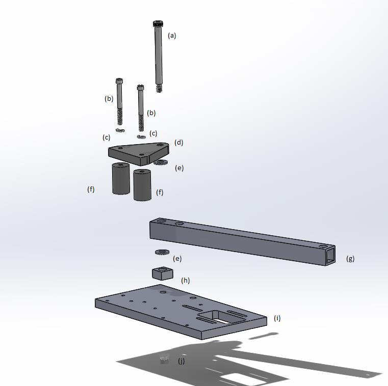 Figure B - 12: Step 2 & 3 exploded view of input link attachment Step 2. Attach input link(g) to ground plate(i), put shoulder screw(a) through: 1. Top clamp(d) 2. Needle thrust washer(e) 3.