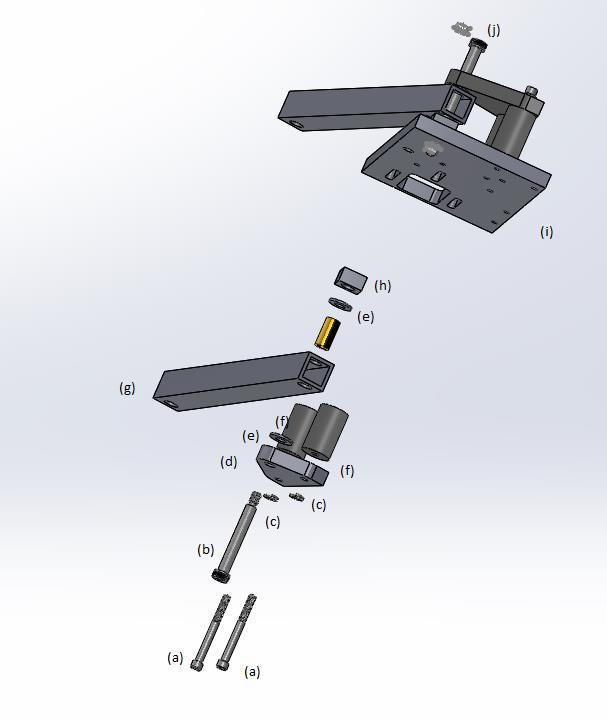Figure B - 13: Step 4 &5 exploded view of output link attachment Step 4. Attach output link(g) to ground plate(i), put shoulder screw(b) through: 1. Bottom clamp(d) 2. Needle thrust washer(e) 3.