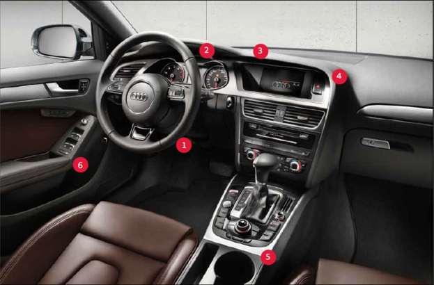Interior Walk-Around: 1) Three-spoke multifunction steering wheel optional w/ or w/o shift paddles 2) Revised instrument cluster 3) Audi connect when MMI Navigation plus is ordered