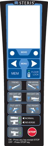 See Primary Hand Control LCD Display Soft Keys Start Screen Trendelenburg Screen LED Touch Pads Patient Transport Screen ALS Back/Slide Screen LED LED LED Primary Hand Control Membrane touch switches