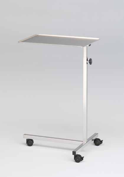 rotatable, to be fixed in each position, rounded corners and edges; support column and frame in 18/10 stainless steel, pedestal cladded in stainless steel, double plastic castors diam.