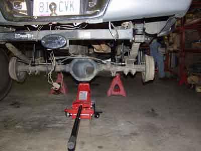 2 Remove factory shocks and sway bar end links (DO NOT UNDO WITHOUT REAR END BEING