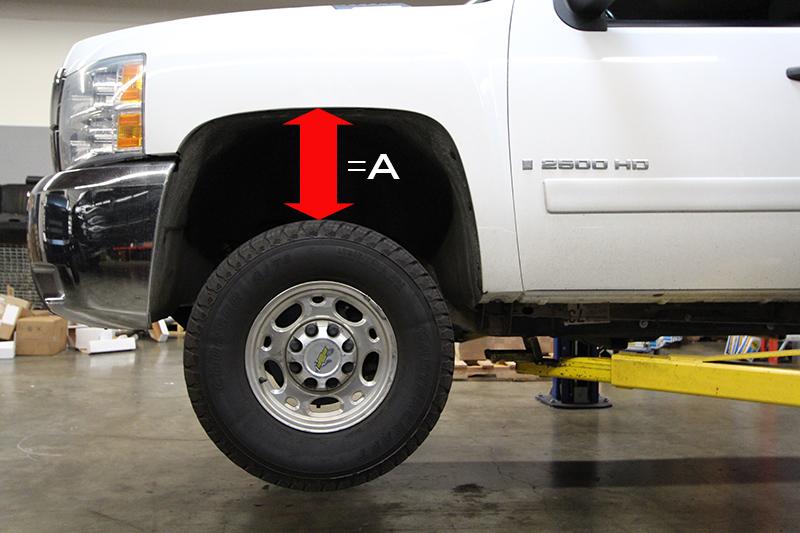 Figure 4: Distance between top of tire and fender lip. Record Measurement Full Drop Out (A) Subtract 2-2 Max Ride Height (B) Finished Ride Height (C) 10.