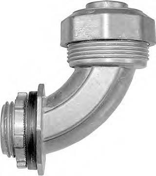 Liquid Tight Connectors - Zinc Die Cast Reusable fittings For use with metallic and non-metallic liquid tight conduit, type B 90 Angle Connectors LTC389 3/8" 10 100 27 45 Liquid Tight LTC509 1/2" 10