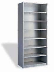 Open Shelving 123" 111" 99" 87" 75" 51" 39" 12" 15" 18" 24" 36" 42" 48" 30" Box-type shelves with front and rear edges that are roll-formed and welded ; Shelves adjustable every inch c/c ; Welded