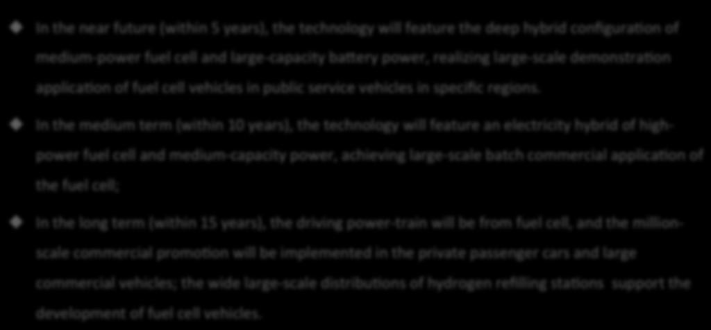 u In the medium term (within 10 years), the technology will feature an electricity hybrid of highpower fuel cell and medium-capacity power, achieving large-scale batch commercial applica0on of the