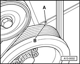 Page 6 of 13 13-6 - Turn crankshaft to TDC by hand. Marks -A- and -B- must be aligned. Turn over the engine at the central bolt on the crankshaft.