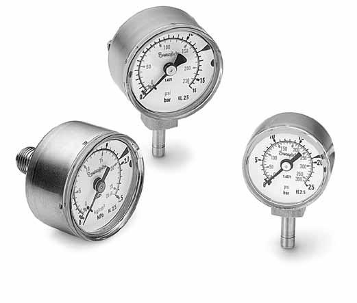 1 Industrial and Process Pressure Gauges M Model: Stainless Steel Miniature Gauge Features 4 and 5 mm (1 1/2 and 2 in.) dial sizes are available. Miniature size allows placement in compact spaces.