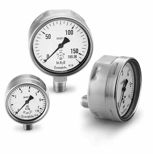 12 Industrial and Process Pressure Gauges L Model: Stainless Steel Low-Pressure Gauge Features 63 and 1 mm (2 1/2 and 4 in.) dial sizes are available.