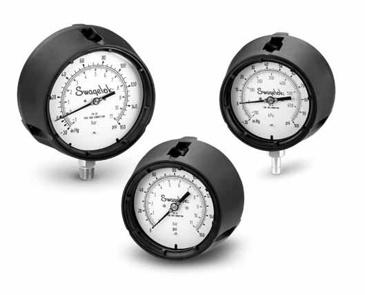 14 Industrial and Process Pressure Gauges P Model: Reinforced Thermoplastic Industrial Process Gauge Features 115 and 16 mm (4 1/2 and 6 in.) dial sizes are available.