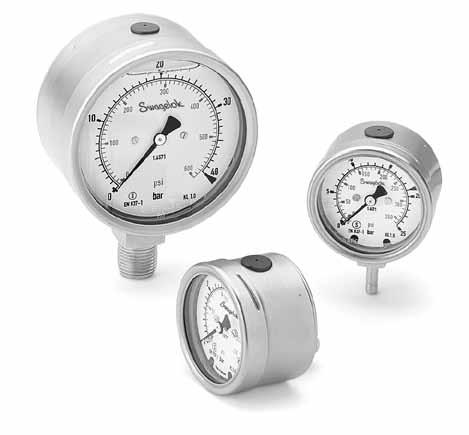 8 Industrial and Process Pressure Gauges S Model: Solid-Front Stainless Steel Safety Gauge Features 63 and 1 mm (2 1/2 and 4 in.) dial sizes are available.