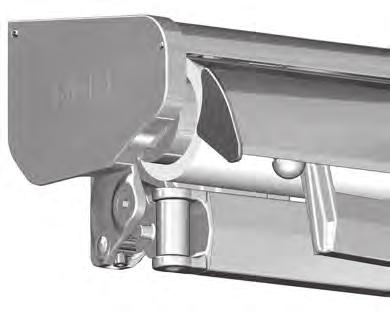 Awning is extended and retracted manually via a bevel gearbox with integrated end stop and freewheel operating handle ring, speed reduction 4.