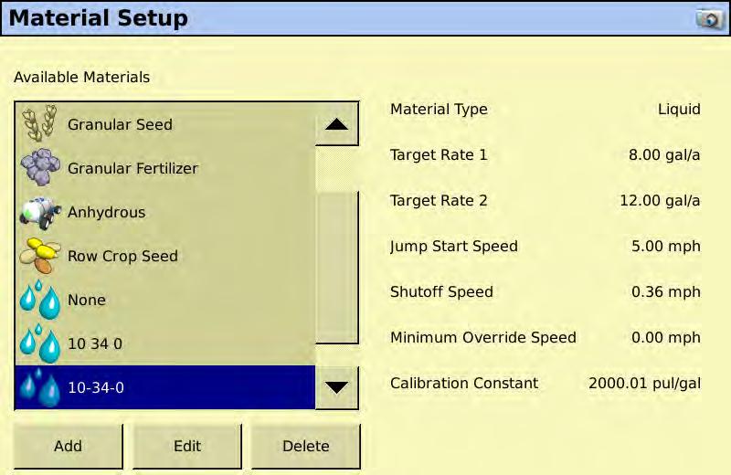 Trimble Field-IQ Setup for FmX or FM-1000 Material Setup F Setup & Operation Select one of the Available Materials or press Add to add a new material.