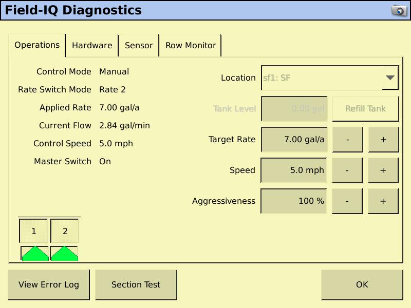 The Operations tab displays the current status of: Control Mode (Auto or Manual) Rate Switch Mode (Manual, Rate 1, or Rate 2) Master Switch ( Off, On, or Jump Start) This screen also allows you to