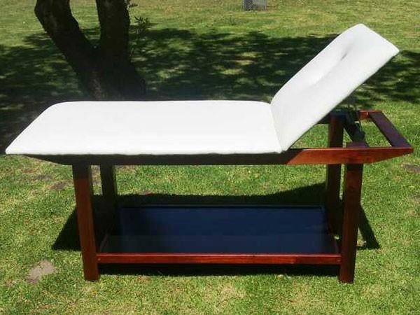 Mahogany Wooden framed massage table, bed/plinth Dimensions are 70 cm wide x 180 cm in length x 74 cm high from the floor to the top of the vinyl covering.