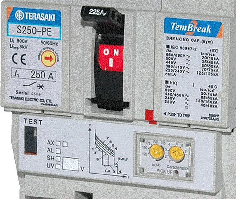 All Terasaki TemBreak 2 MCCBs, including thermal magnetic types and electronic types, have adjustable instantaneous trip thresholds. This makes it easy to comply with Regulation 41